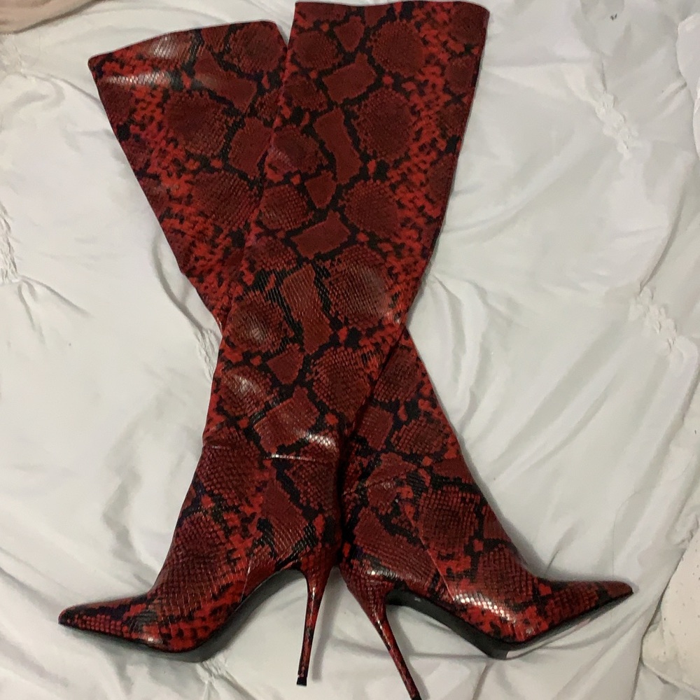 Red snake print thigh highs